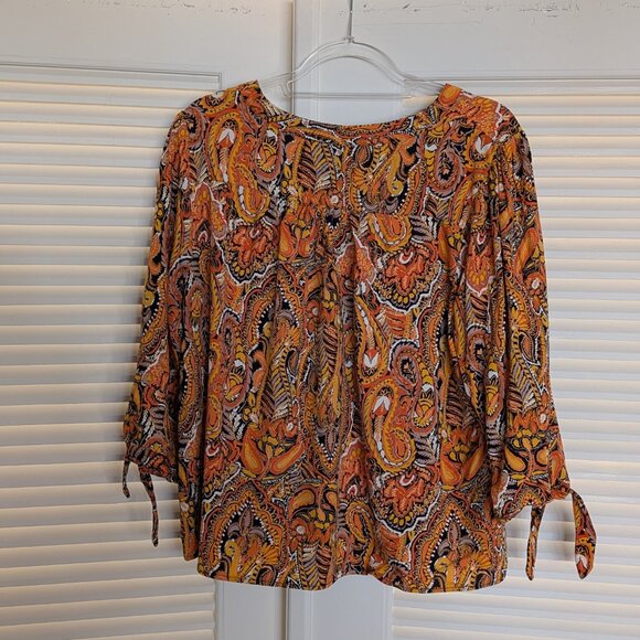 Rachel Roy Blouse 1X Orange Paisley Boho V-Neck Silky 3/4 Tie Sleeve EUC - Picture 6 of 8
